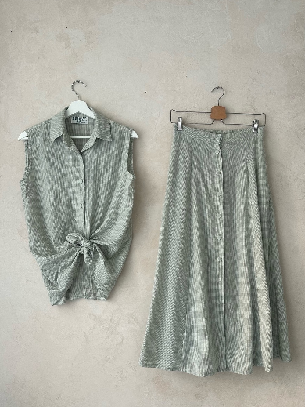 Vintage Sage Green Gingham Cottagecore Two Piece Skirt Set Medium